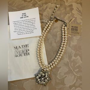 Made in the Deep South OOAK Vintage Faux Pearl Necklace with Rhinestone Brooch